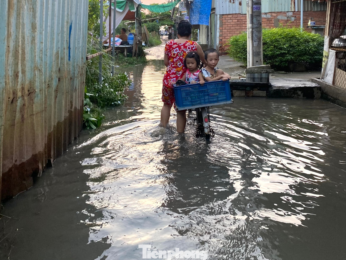 Việc đi lại của người dân gặp nhiều khó khăn bởi triều cường.