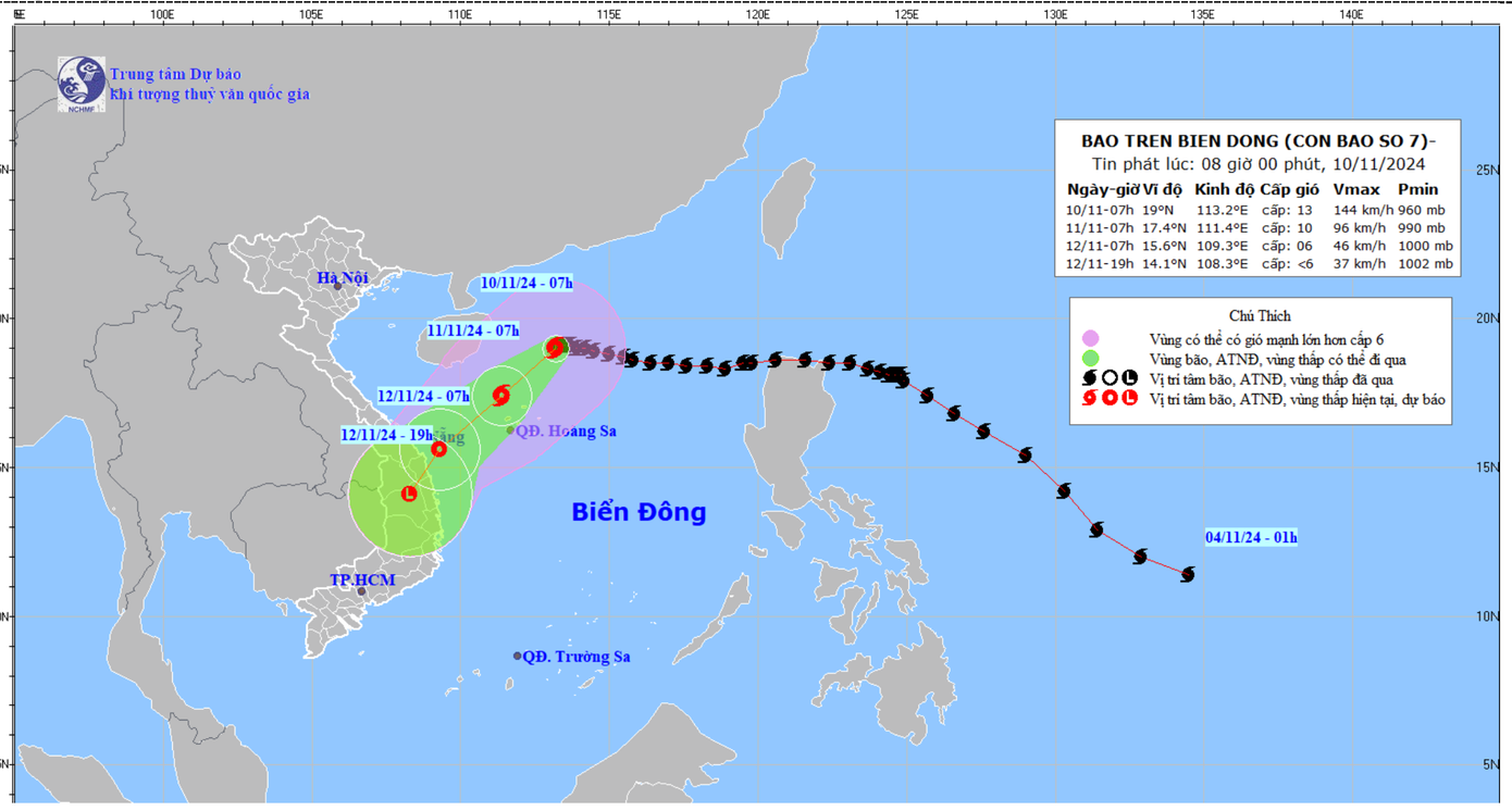Bản đồ dự báo quỹ đạo và cường độ bão số 7 phát lúc 8h ngày 10/11/2024.