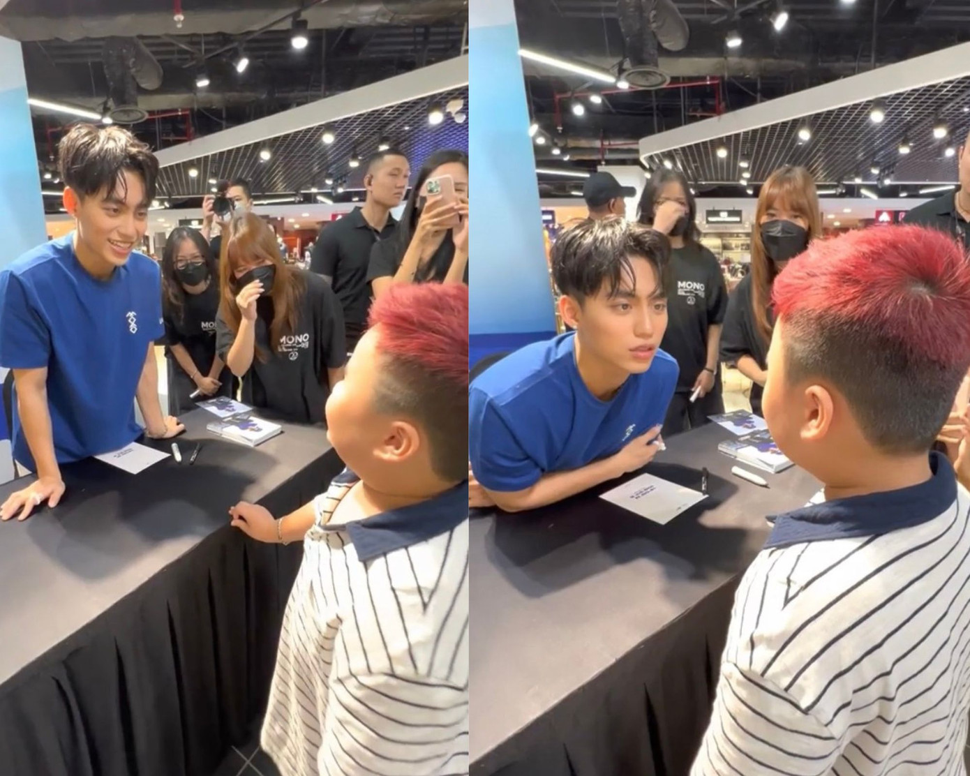 MONO tinh tế lại gần để nghe rõ lời fan nhí khiến khán giả trầm trồ khen ngợi.