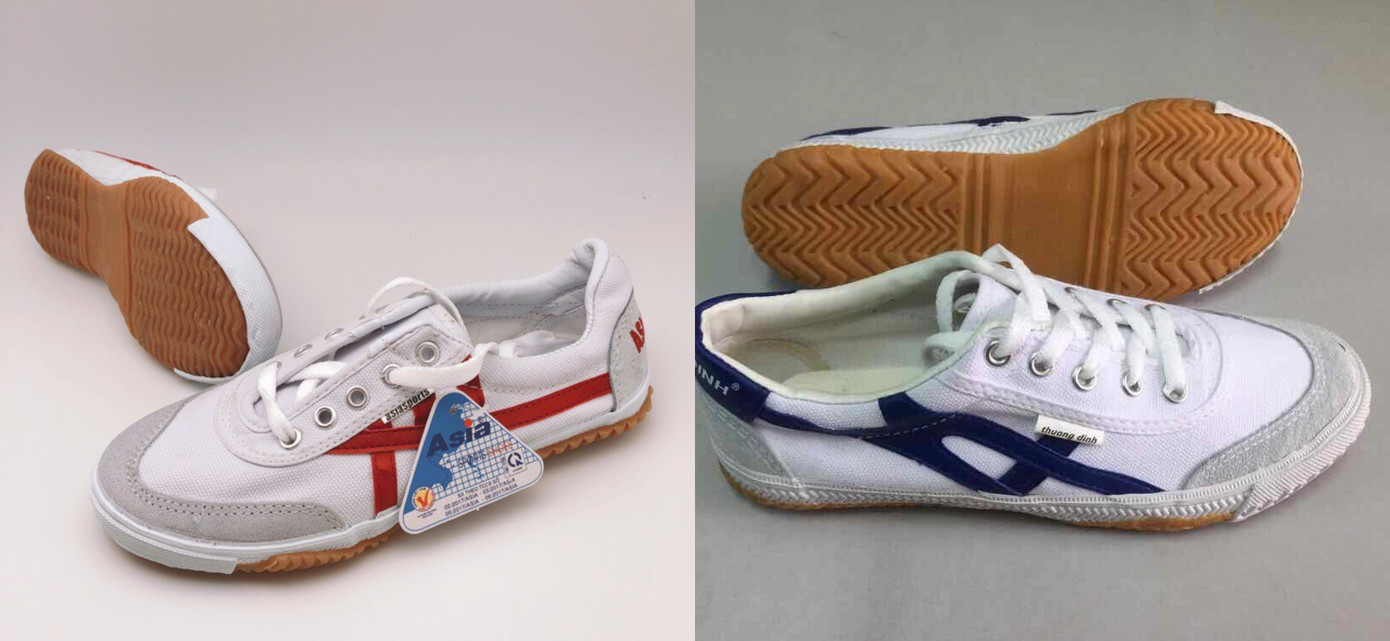 Những chi tiết thiết kế gắn với các sản phẩm của hai thương hiệu giày Asia Sport (trái) và Thượng Đình (phải).