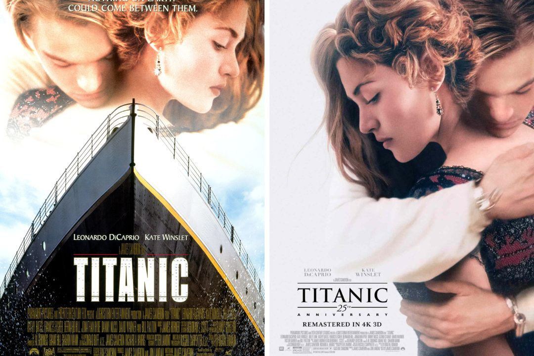 Hai tấm poster cách nhau 25 năm cho thấy sự khác biệt rõ rệt ở kiểu tóc của Kate Winslet.