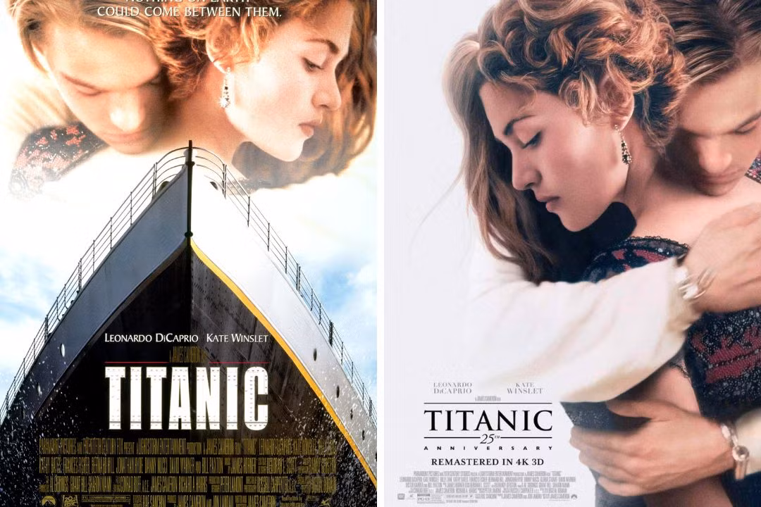 Hai tấm poster cách nhau 25 năm cho thấy sự khác biệt rõ rệt ở kiểu tóc của Kate Winslet.