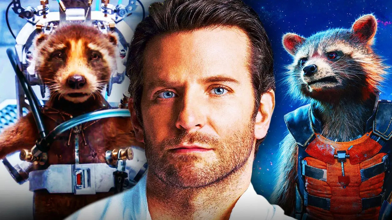 Nam diễn viên Bradley Cooper, lồng tiếng cho gấu mèo Rocket. Nam diễn viên Bradley Cooper, lồng tiếng cho gấu mèo Rocket.