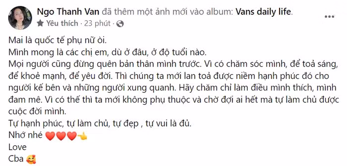 Dòng chia sẻ Ngô Thanh Vân gửi đến “hội chị em” nhân ngày 8/3. Dòng chia sẻ Ngô Thanh Vân gửi đến “hội chị em” nhân ngày 8/3.