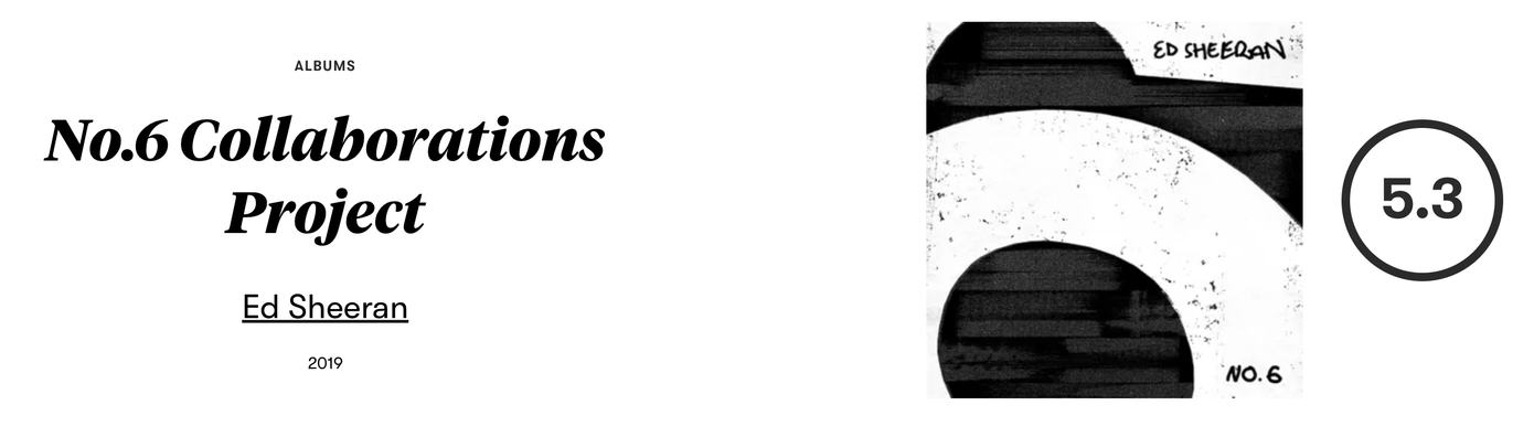 No.6 Collaborations Project là album được Pitchfork chấm cao nhất của Ed Sheeran.