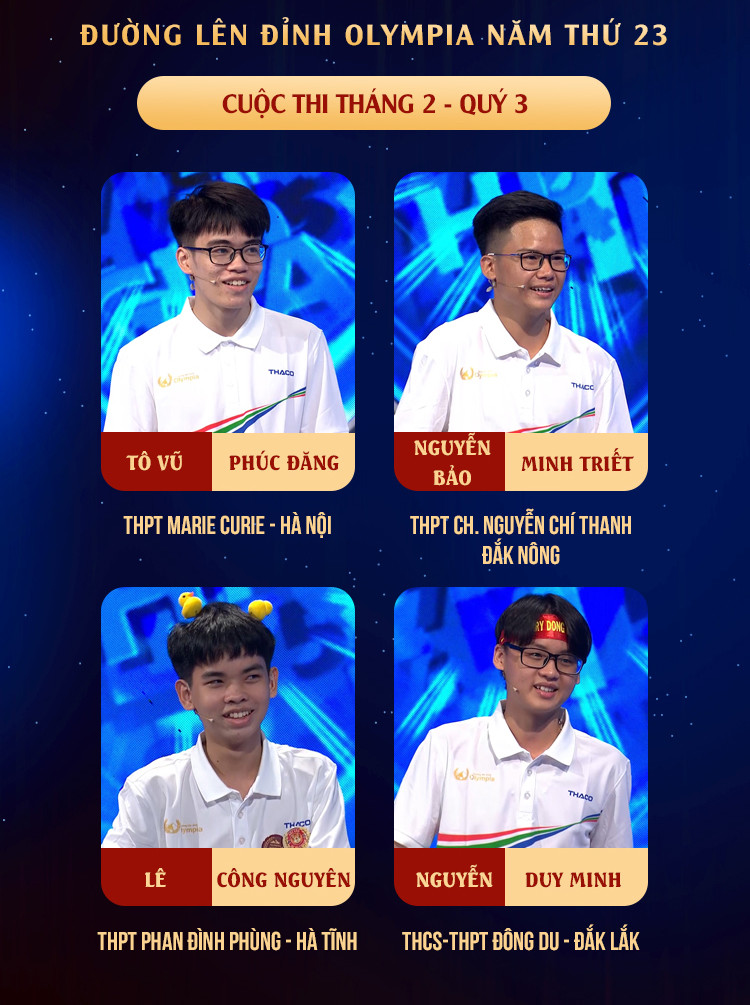 4 chàng trai hứa hẹn sẽ mang đến một cuộc thi tháng đầy hấp dẫn. Nguồn: Fanpage Đường Lên Đỉnh Olympia 4 chàng trai hứa hẹn sẽ mang đến một cuộc thi tháng đầy hấp dẫn. Nguồn: Fanpage Đường Lên Đỉnh Olympia