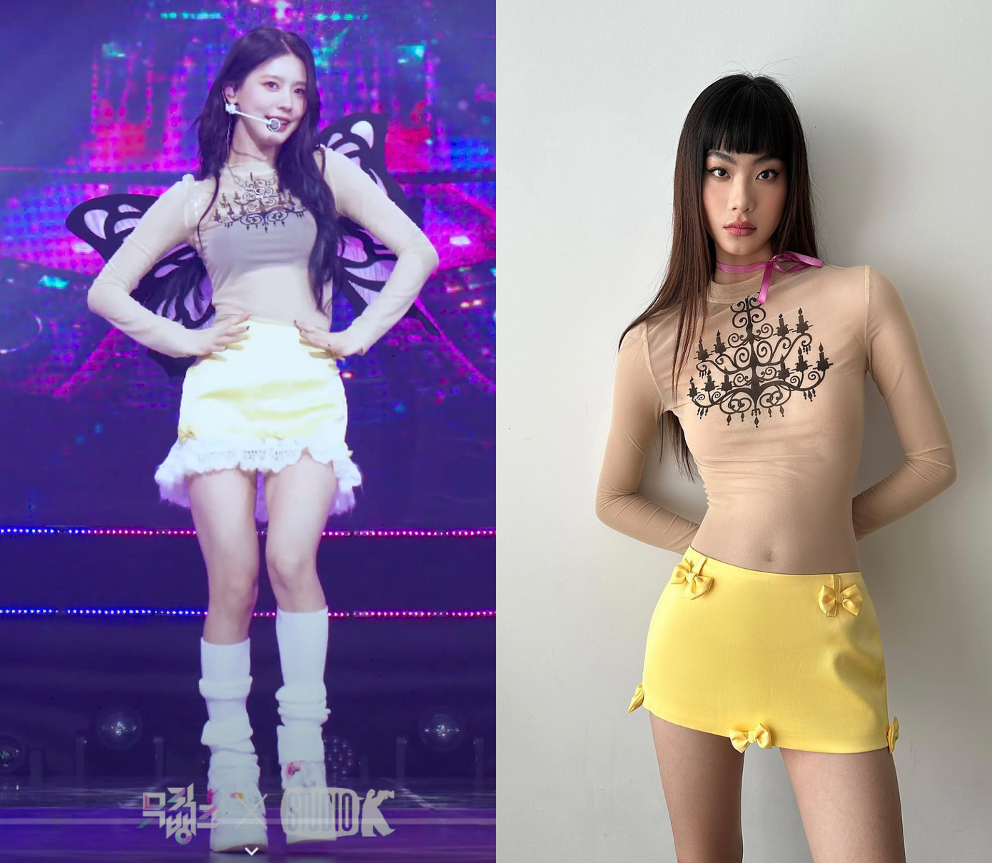 &quot;Cây visual&quot; của nhóm Miyeon diện nguyên set của BUPBES gồm chandelier top và belle mini skirt. Để thêm điệu đà và khiến tổng thể trang phục trông mềm mại, đồng điệu với các thành viên hơn, stylist đã may thêm một lớp vải ren vào chân váy cho Miyeon.