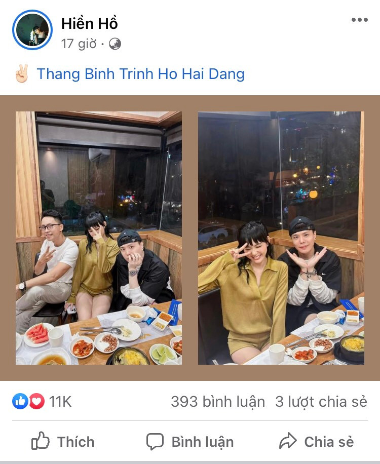 Có ý kiến cho rằng, Trịnh Thăng Bình và Hiền Hồ xuất hiện cùng nhau bởi cả hai đang hợp tác chung một sản phẩm. Có ý kiến cho rằng, Trịnh Thăng Bình và Hiền Hồ xuất hiện cùng nhau bởi cả hai đang hợp tác chung một sản phẩm.