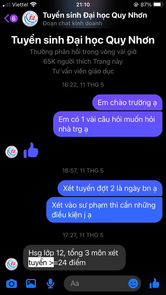 Một học sinh chia sẻ câu trả lời mình nhận được từ Trang tuyển sinh Đại học Quy Nhơn.