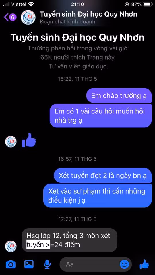 Một học sinh chia sẻ câu trả lời mình nhận được từ Trang tuyển sinh Đại học Quy Nhơn.