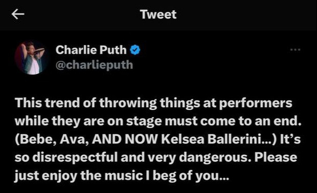 Charlie Puth đăng bài bức xúc về tình trạng ném đồ lên sân khấu.