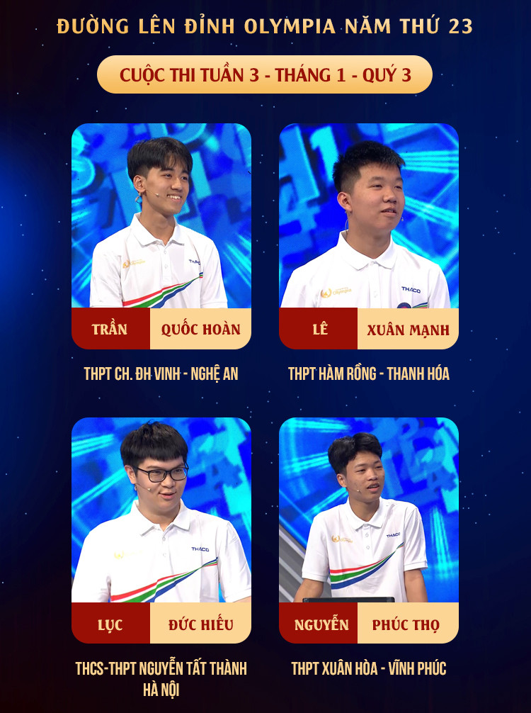 4 chàng trai hứa hẹn sẽ khiến cuộc thi tuần cuối cùng của Tháng 1 - Quý 3 trở nên hấp dẫn hơn. Nguồn: Fanpage Đường Lên Đỉnh Olympia 4 chàng trai hứa hẹn sẽ khiến cuộc thi tuần cuối cùng của Tháng 1 - Quý 3 trở nên hấp dẫn hơn. Nguồn: Fanpage Đường Lên Đỉnh Olympia