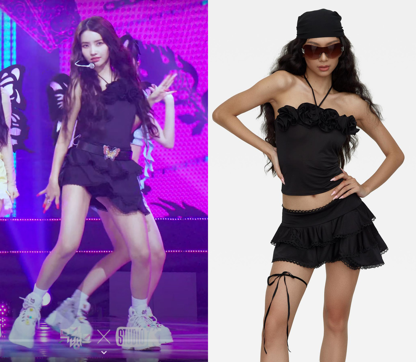 Át chủ bài của (G)I-DLE cũng gây ấn tượng với bộ cánh đen vừa nữ tính vừa cá tính. Chiếc thắt lưng mặt bươm bướm giúp set đồ của Soyeon nổi bật hơn.