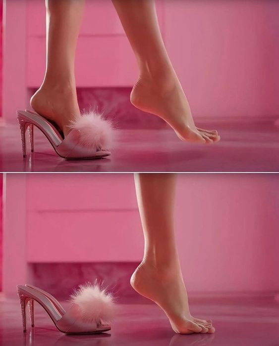 Chiếc giày đính lông mà nữ chính Margot Robbie mang trong cảnh quay mở đầu.