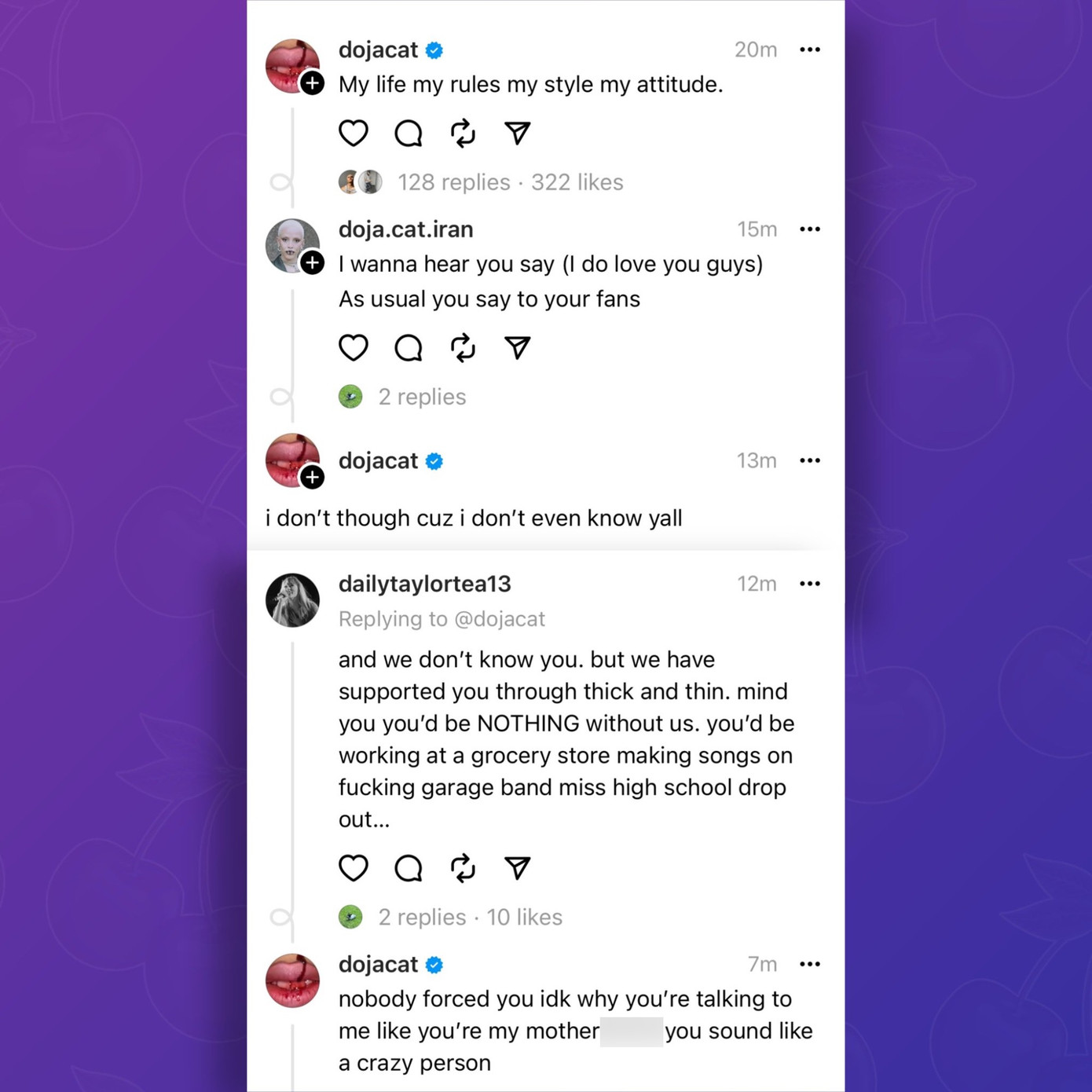 Màn khẩu chiến giữa Doja Cat và người hâm mộ trên Threads.