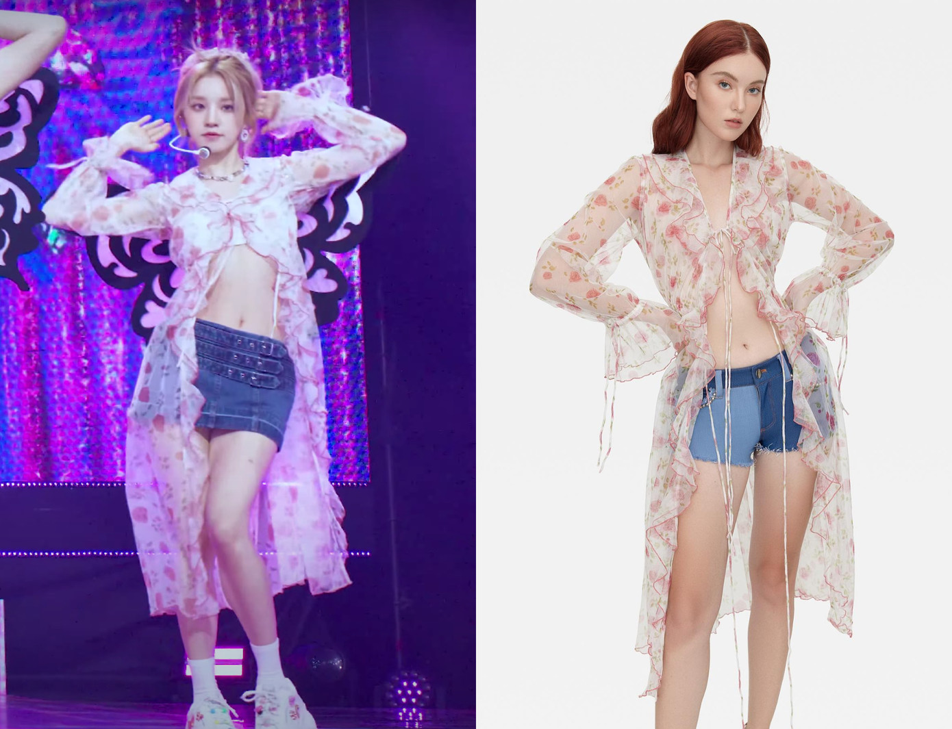 Item áo voan cách tân kết hợp cùng chân váy jeans cạp trễ hoàn thiện outfit của rapper Yuqi.