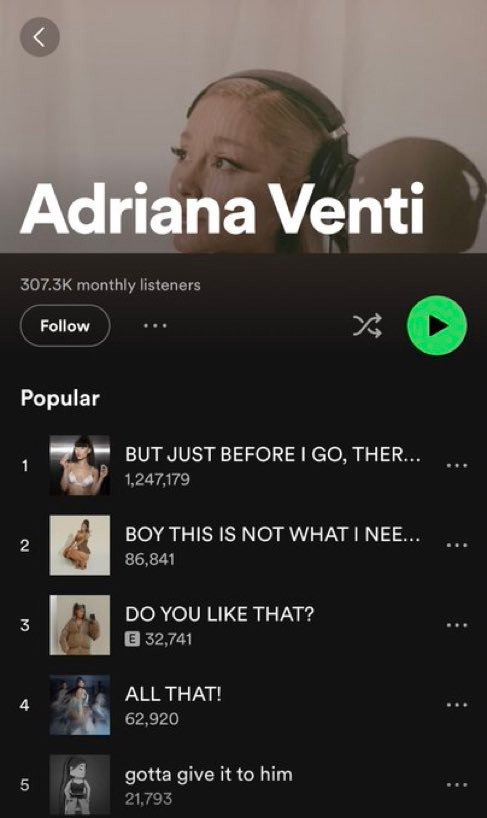 Tài khoản Adriana Venti đăng các ca khúc chưa ra mắt của Ariana Grande lên Spotify.