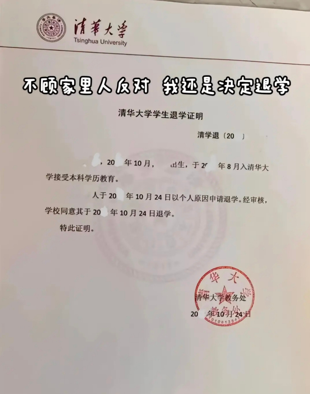 Quyết định thôi học tại Đại học Thanh Hoa từng bị người nhà phản đối. Nguồn: Echo～臻芮