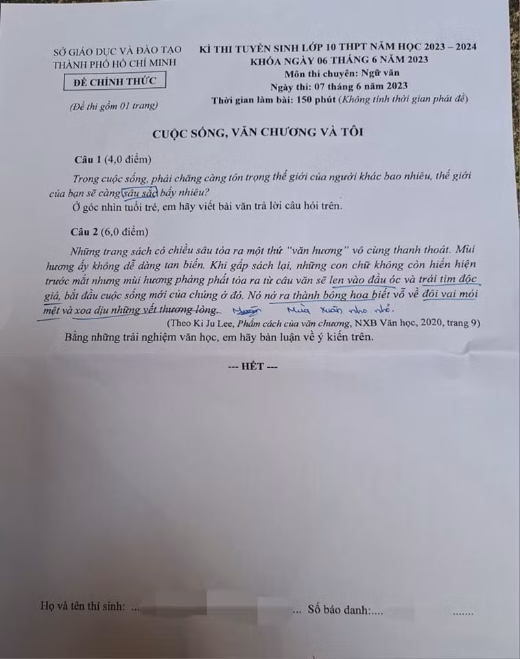 Đề thi môn chuyên Văn. Ảnh: Minh Đức