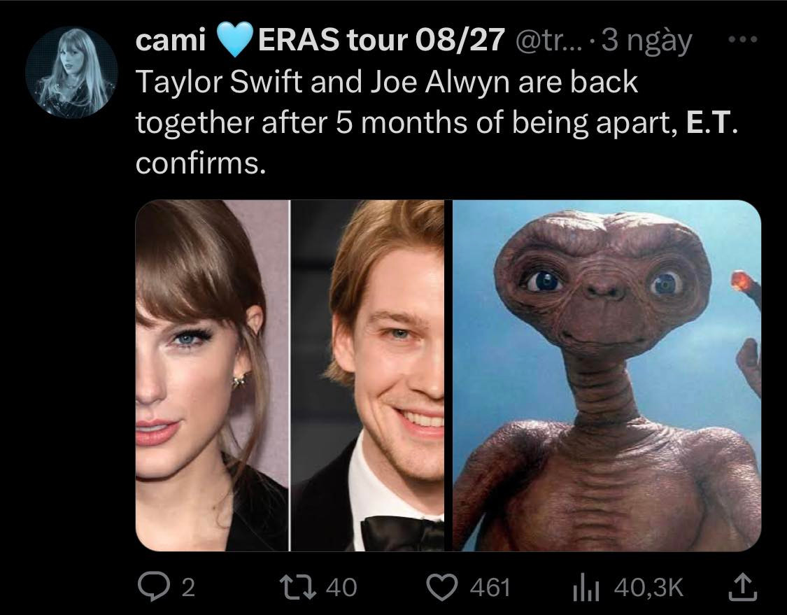 Tin đồn Taylor Swift và Joe Alwyn tái hợp chỉ là một trò đùa trên mạng xã hội X.