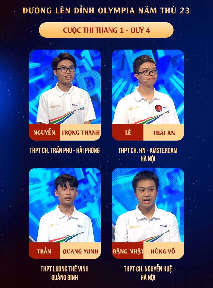 4 thí sinh với các thế mạnh riêng hứa hẹn tạo nên một màn thi đấu căng thẳng và hấp dẫn. Ảnh: Fanpage Đường Lên Đỉnh Olympia