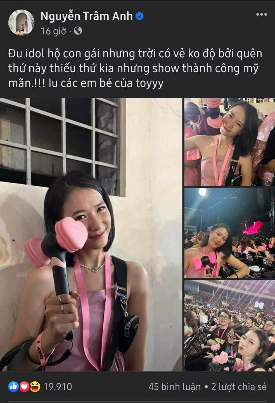 Trước đó, Trâm Anh đã đi đu idol hộ con gái mặc cho "bố Tee" vật lộn với "CiCi đang buồn" ở nhà. Động thái này nhận về bão haha của cư dân mạng. Trước đó, Trâm Anh đã đi đu idol hộ con gái mặc cho "bố Tee" vật lộn với "CiCi đang buồn" ở nhà. Động thái này nhận về bão haha của cư dân mạng.