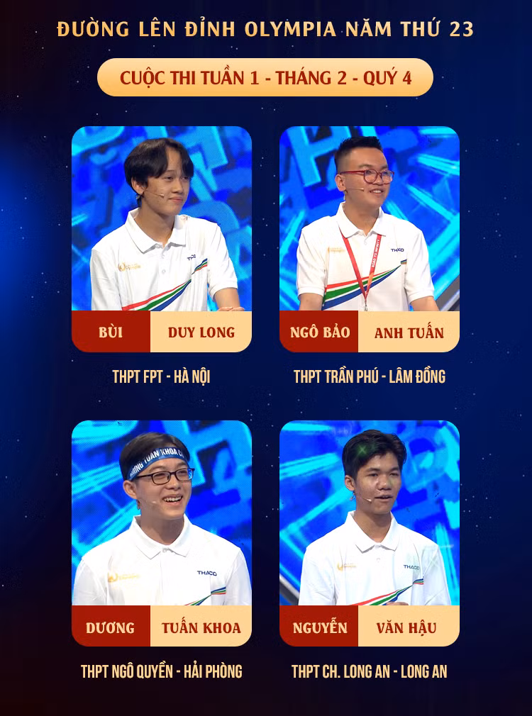 4 chàng trai hứa hẹn tạo nên cuộc thi tuần bùng nổ. Ảnh: Fanpage Đường Lên Đỉnh Olympia 4 chàng trai hứa hẹn tạo nên cuộc thi tuần bùng nổ. Ảnh: Fanpage Đường Lên Đỉnh Olympia