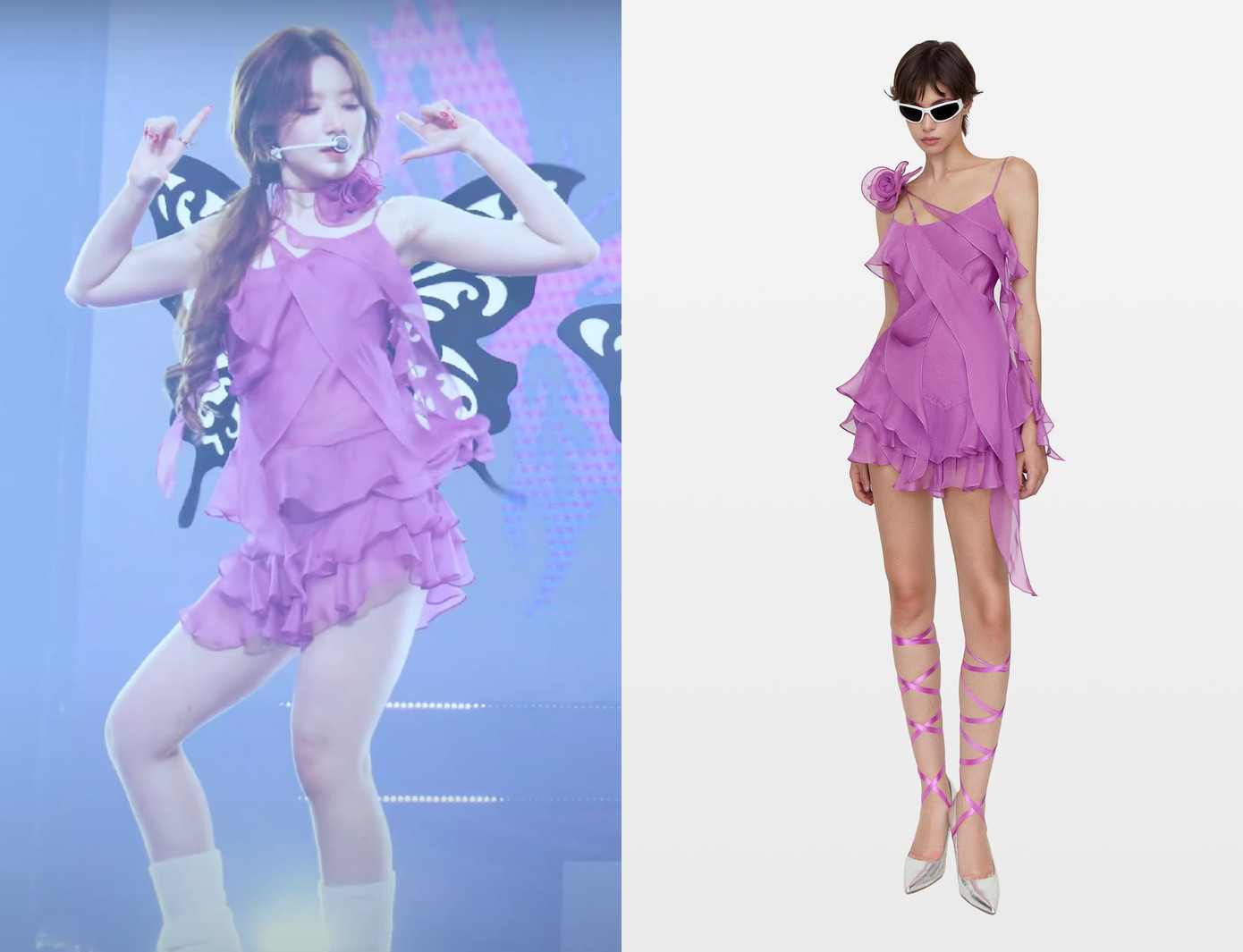 So với thiết kế nguyên bản, bông hoa được di chuyển từ vai thành vòng cổ của Shuhua, chiếc váy bèo nhún nguyên bản đã đủ biến nữ idol thành tiên tử trên sân khấu.