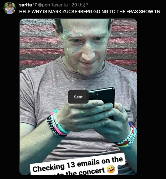 Người hâm mộ của Taylor Swift tỏ ra bất ngờ khi thấy Mark Zuckerberg tham gia concert. Người hâm mộ của Taylor Swift tỏ ra bất ngờ khi thấy Mark Zuckerberg tham gia concert.