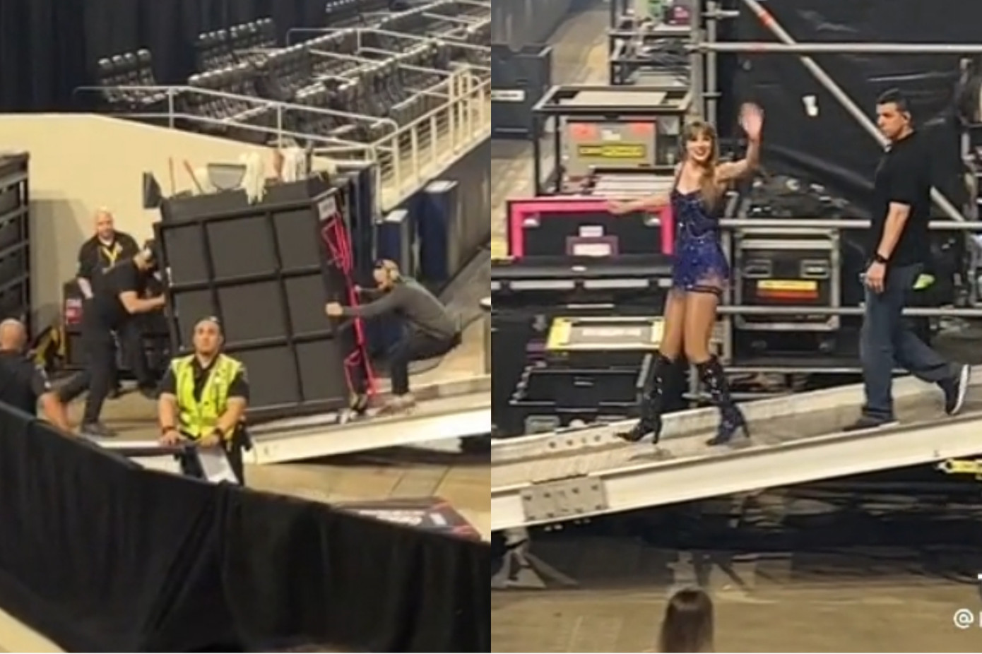 Hình ảnh Taylor Swift bước ra từ chiếc xe lao công được nhiều người quay lại.