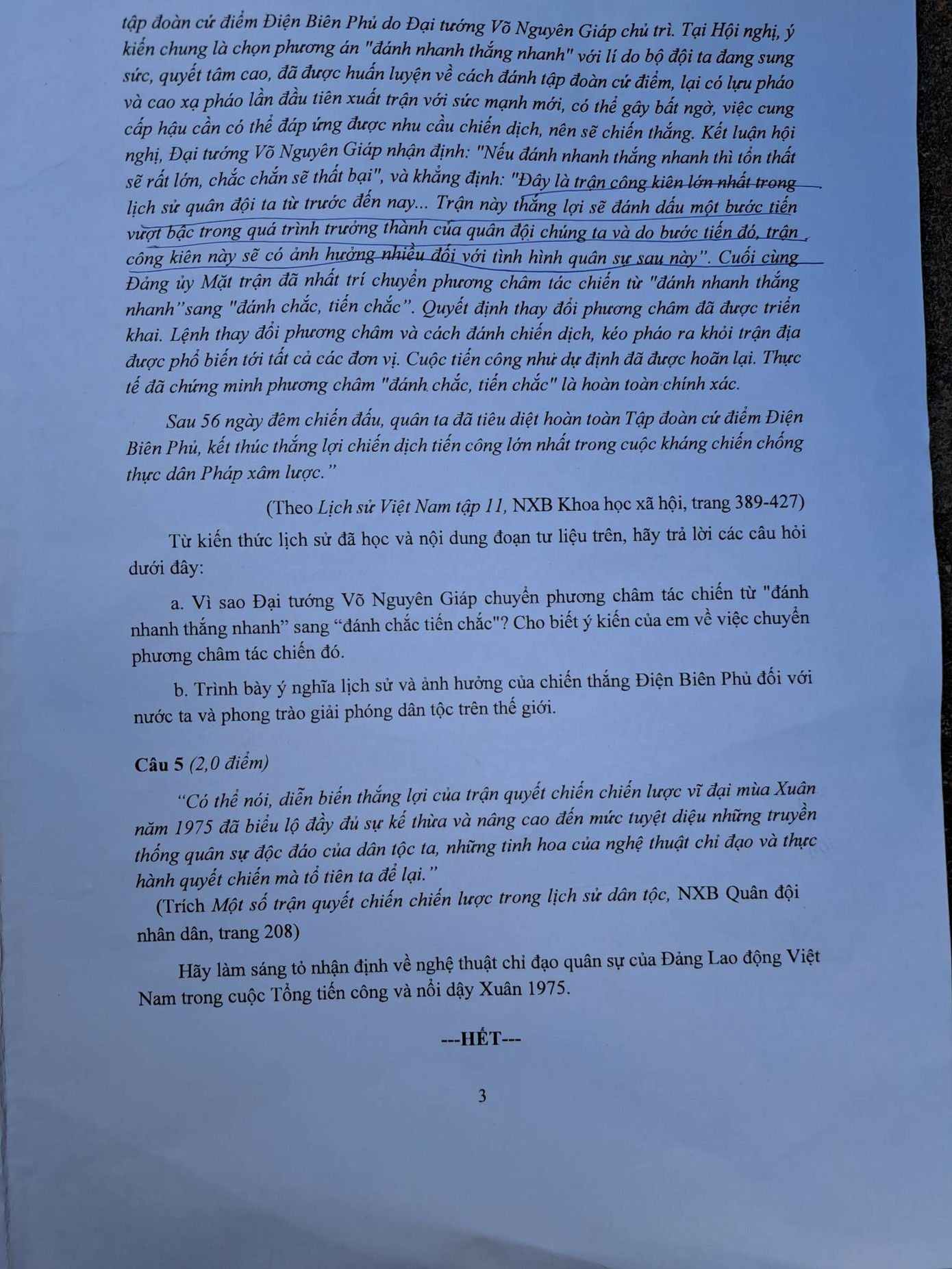 Đề thi môn chuyên Sử. Ảnh: Minh Đức
