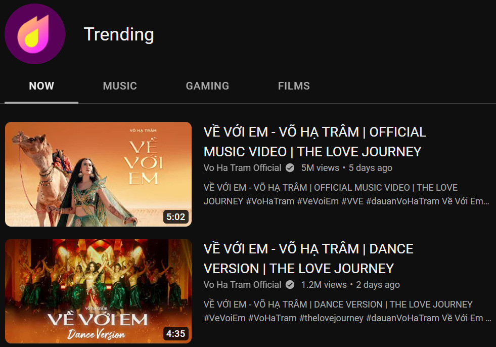 MV Về Với Em đã làm nên kì tích khi đem về Top 1 Trending YouTube đầu tiên trong sự nghiệp của Võ Hạ Trâm.
