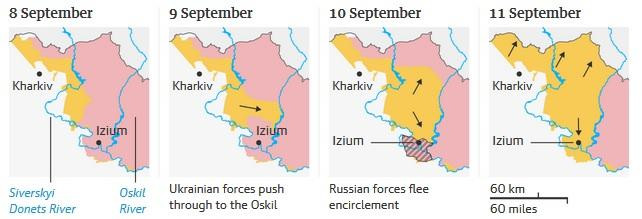 Các khu vực mà Ukraine kiểm soát (màu vàng) ở Kharkov (còn gọi là Kharkiv) ngày càng được mở rộng. Phần màu hồng là khu vực Nga kiểm soát hoặc Nga chiếm ưu thế. Đồ họa: The Guardian Các khu vực mà Ukraine kiểm soát (màu vàng) ở Kharkov (còn gọi là Kharkiv) ngày càng được mở rộng. Phần màu hồng là khu vực Nga kiểm soát hoặc Nga chiếm ưu thế. Đồ họa: The Guardian