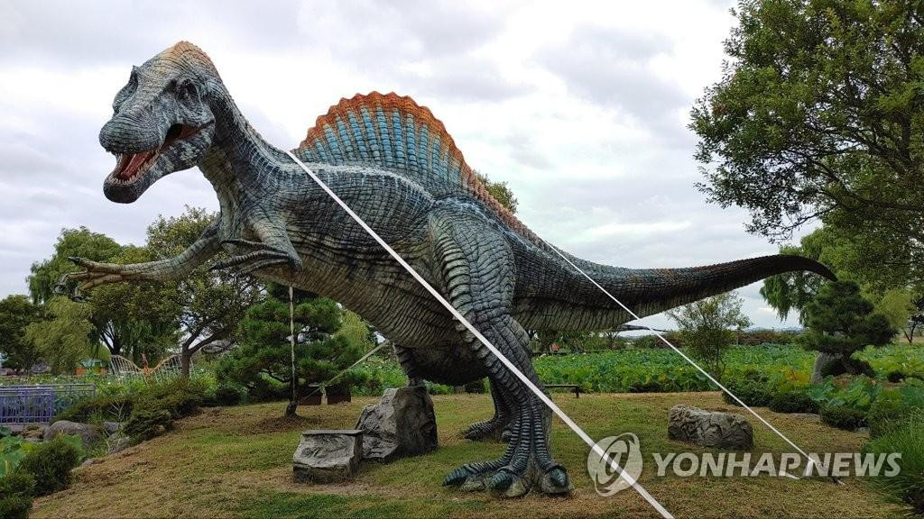 Tượng khủng long được chằng buộc kĩ càng ở Nam Jeolla. Ảnh: Yonhap Tượng khủng long được chằng buộc kĩ càng ở Nam Jeolla. Ảnh: Yonhap