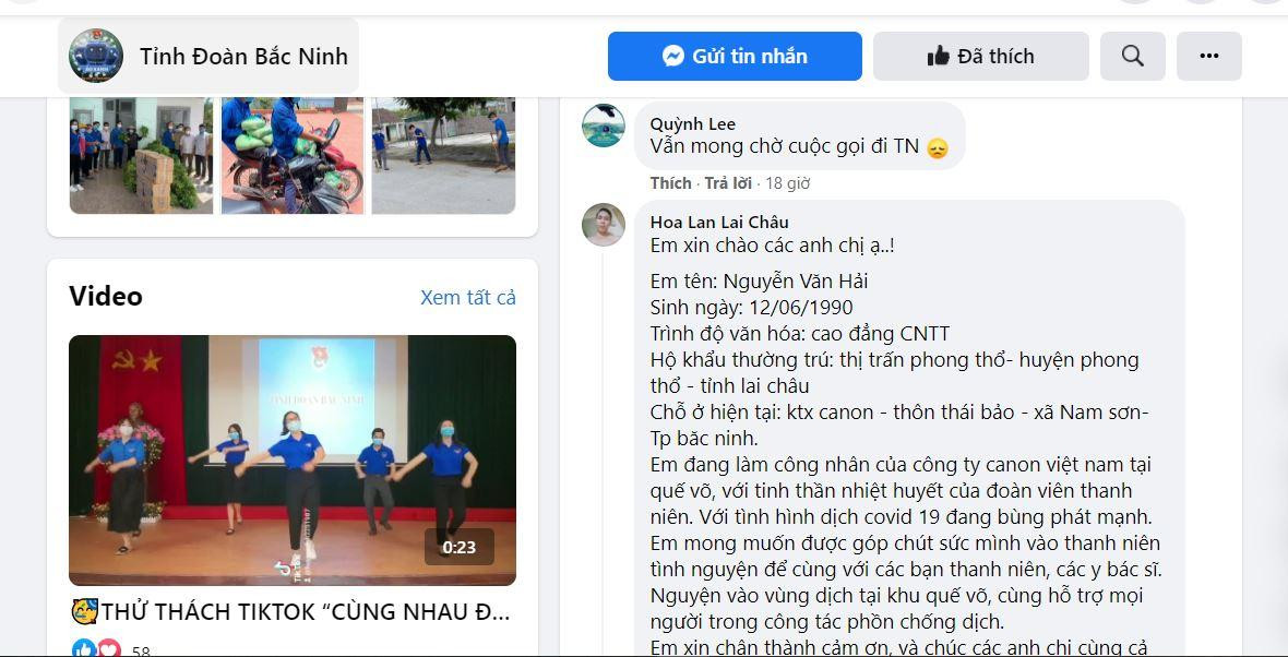 Một thành viên đăng ký tình nguyện trực tiếp trên fanpage của tỉnh Đoàn Bắc Ninh