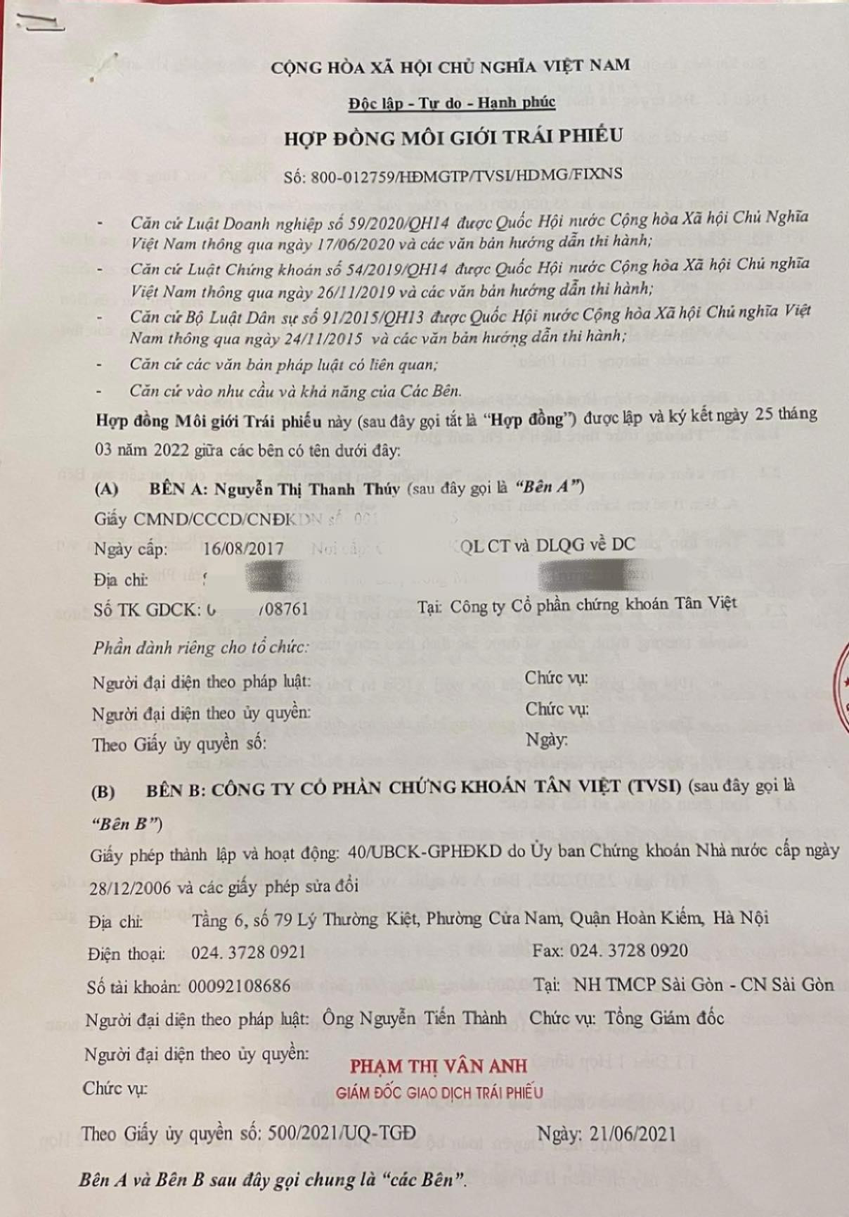 Hợp đồng mua trái phiếu của TVSI không có đơn vị bảo lãnh thanh toán Hợp đồng mua trái phiếu của TVSI không có đơn vị bảo lãnh thanh toán