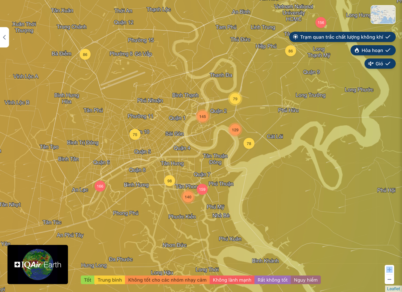 Đến trưa 30/11, nhiều khu vực tại TPHCM có điểm đo chất lượng không khí ở ngưỡng không tốt. Ảnh: Ứng dụng quan trắc không khí Air Visual Đến trưa 30/11, nhiều khu vực tại TPHCM có điểm đo chất lượng không khí ở ngưỡng không tốt. Ảnh: Ứng dụng quan trắc không khí Air Visual