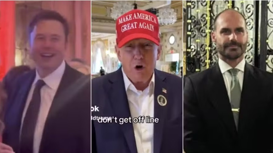 (Từ trái sang) Tý phú Elon Musk, ông Trump và ông Eduardo Bolsonaro tại Mar-a-Lago. (Ảnh: Reproduction) (Từ trái sang) Tý phú Elon Musk, ông Trump và ông Eduardo Bolsonaro tại Mar-a-Lago. (Ảnh: Reproduction)