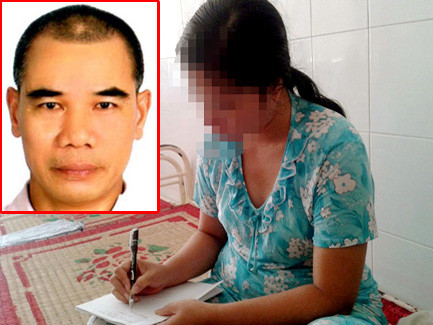 Nạn nhân Lê Thị Vân đang điều trị tại Khoa thần kinh- Bệnh viện đa khoa hữu nghị Việt- Tiệp Hai Phòng viết tường trình gửi cơ quan công an (ảnh lớn) và Vũ Ngọc Liễm pháp danh Tì kheo Thích Long Tịnh (ảnh do nhà chùa cung cấp)