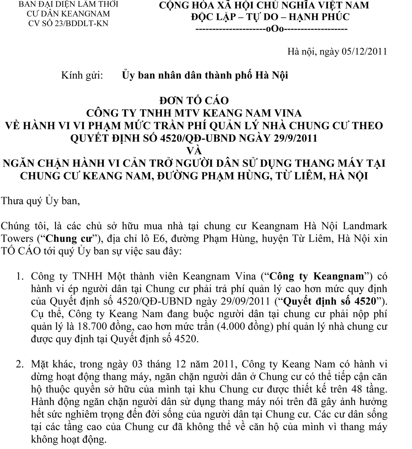 Đơn tố cáo của các cư dân Keangnam gửi UBNDTP Hà Nội