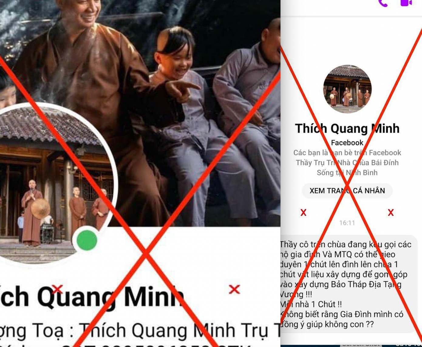 Trang FB dùng hình ảnh giả mạo Thượng toạ Thích Minh Quang. Ảnh chụp màn hình.