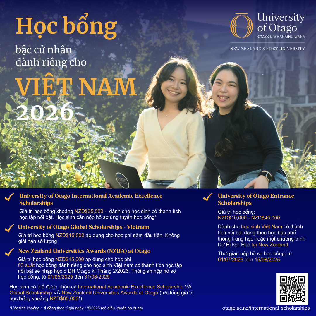 ĐH Otago triển khai chương trình Học bổng Cử nhân dành riêng cho HS Việt Nam, với tổng trị giá lên đến 1 tỷ đồng.