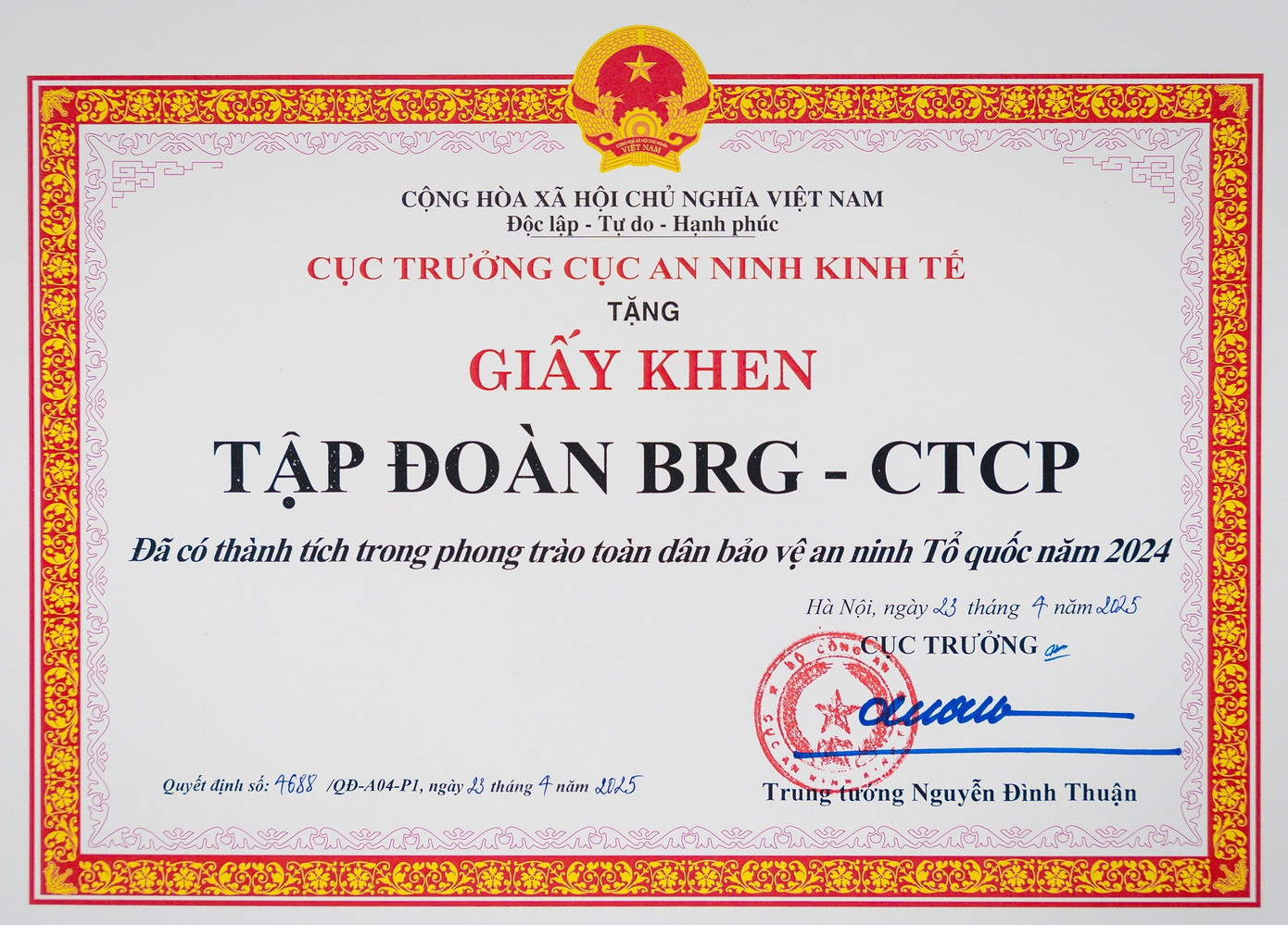 Giấy khen Tập đoàn BRG từ Cục An ninh Kinh tế - Bộ Công An Giấy khen Tập đoàn BRG từ Cục An ninh Kinh tế - Bộ Công An