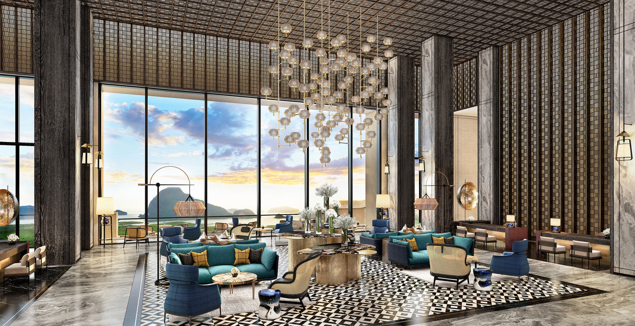 Khu vực sảnh chính của khu nghỉ dưỡng InterContinental Halong Bay Resort do đơn vị thiết kế nội thất nổi tiếng P49Deesign thực hiện