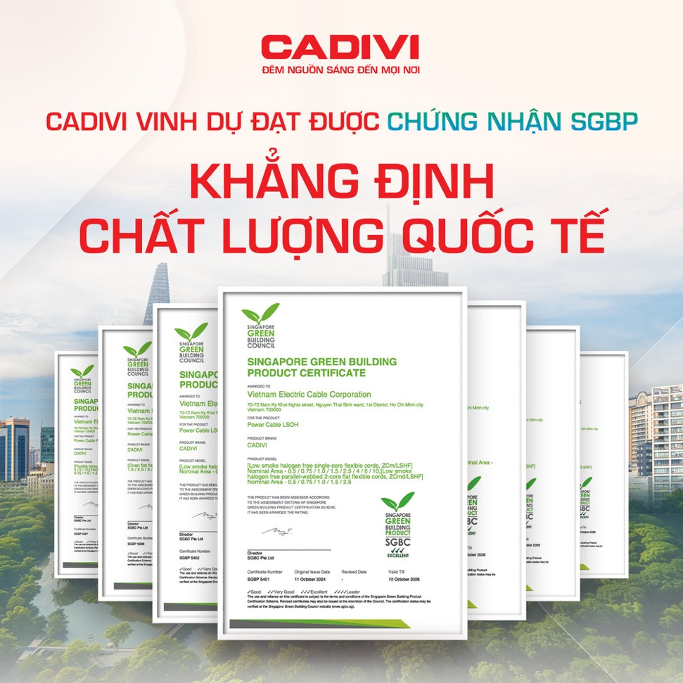 CADIVI đạt chứng nhận SGBP từ Hội đồng công trình Xanh Singapore cho các dòng sản phẩm dây điện không chì CADIVI đạt chứng nhận SGBP từ Hội đồng công trình Xanh Singapore cho các dòng sản phẩm dây điện không chì