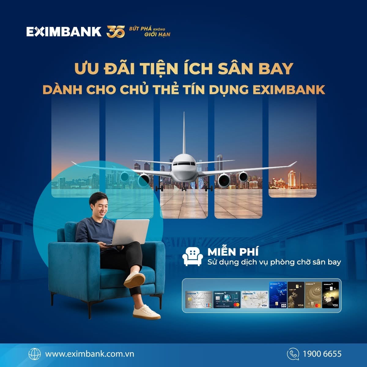 Chủ thẻ tín dụng hạng cao Eximbank được miễn phí phòng chờ sân bay nội địa, nâng tầm trải nghiệm mỗi chuyến đi.