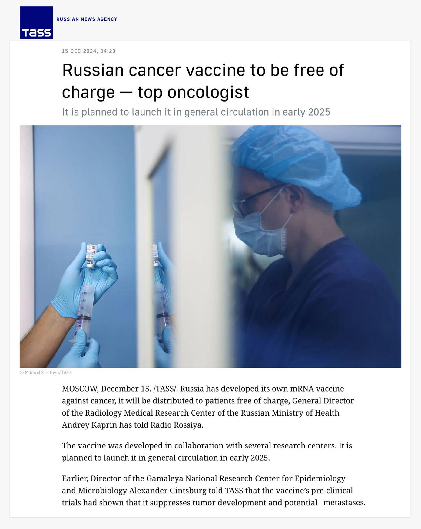 Tháng 12/2024, Trung tâm Nghiên cứu Y học Quốc gia về X-quang thuộc Bộ Y tế Nga, thông báo Nga đang nghiên cứu và phát triển vaccine điều trị ung thư sử dụng công nghệ mRNA hiện đại. Ảnh: TASS Tháng 12/2024, Trung tâm Nghiên cứu Y học Quốc gia về X-quang thuộc Bộ Y tế Nga, thông báo Nga đang nghiên cứu và phát triển vaccine điều trị ung thư sử dụng công nghệ mRNA hiện đại. Ảnh: TASS