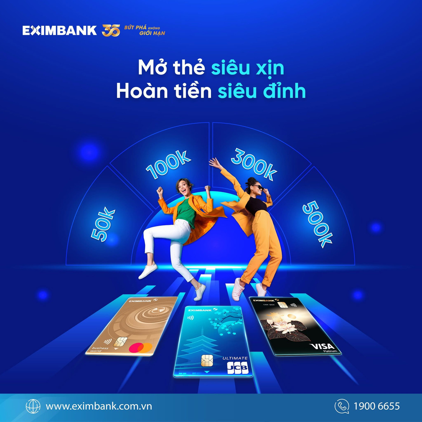 Với bộ thẻ của Eximbank, khách hàng có thể nhận mức tiền hoàn không giới hạn, bên cạnh những ưu đãi đẳng cấp.
