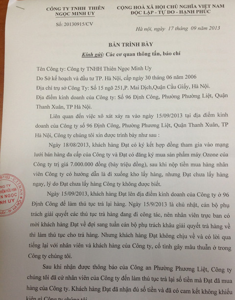 Bản trình bày của Cty gửi các cơ quan báo chí