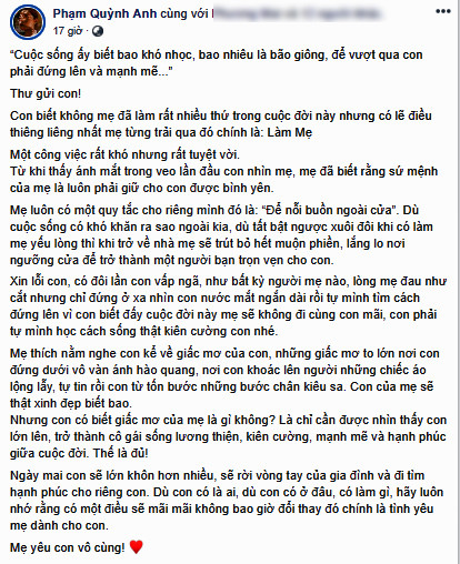Phạm Quỳnh Anh gây xúc động với tâm thư gửi con sau ly hôn Quang Huy ảnh 1